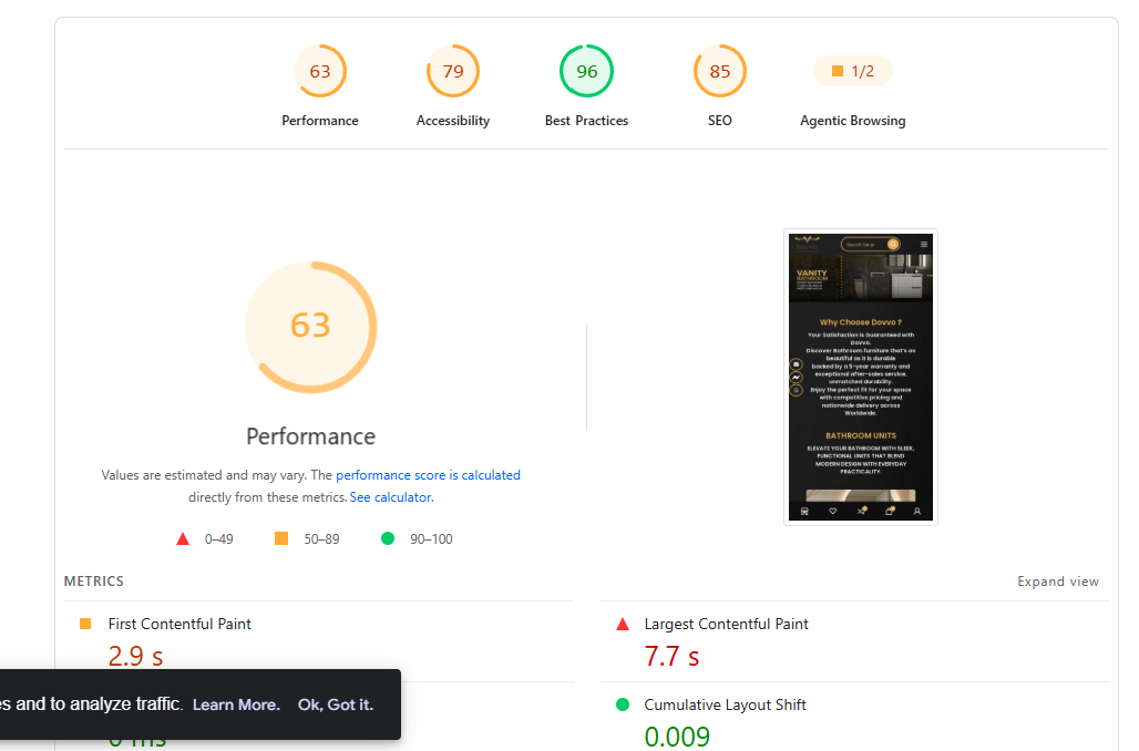 نتائج Lighthouse للأداء